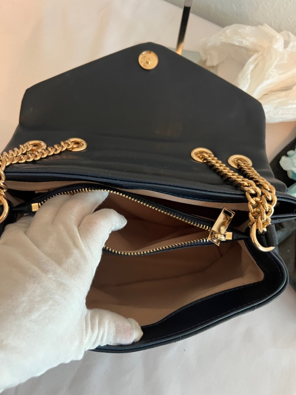 Yves Saint Laurent Navy Blue with gold tone chain and emblem. - Picture 5 of 11